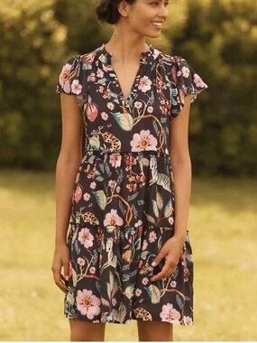 Anthropologie Maeve Floral Tiered V-Neck Dress in Black and Pink Sz 10